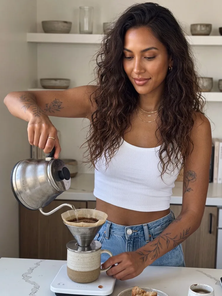 KI-Figur Mara gießt in einer hellen Küche Filterkaffee auf.