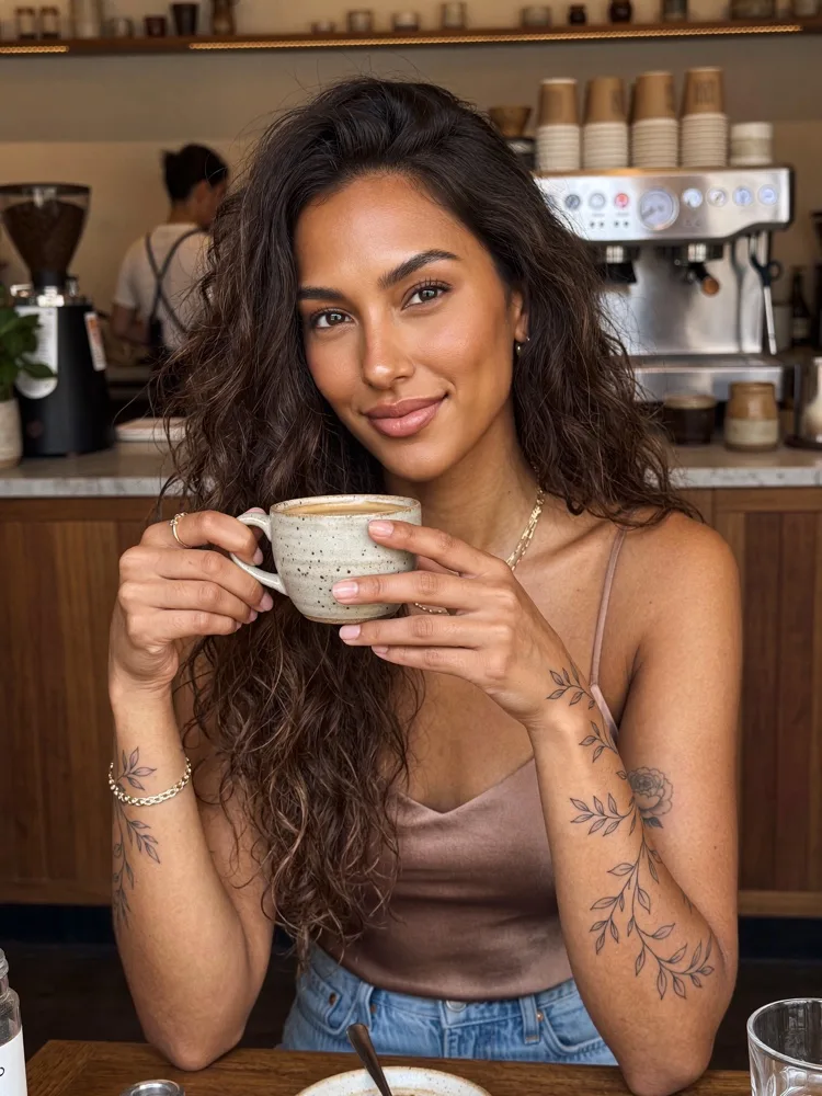 Dieselbe KI-Figur Mara mit einer Tasse an einem Café-Tisch.