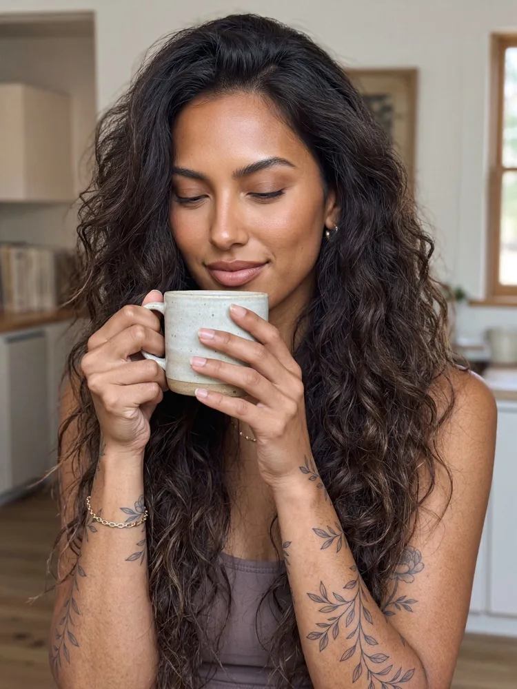 Nahaufnahme derselben KI-Figur Mara mit einer Tasse am Gesicht.