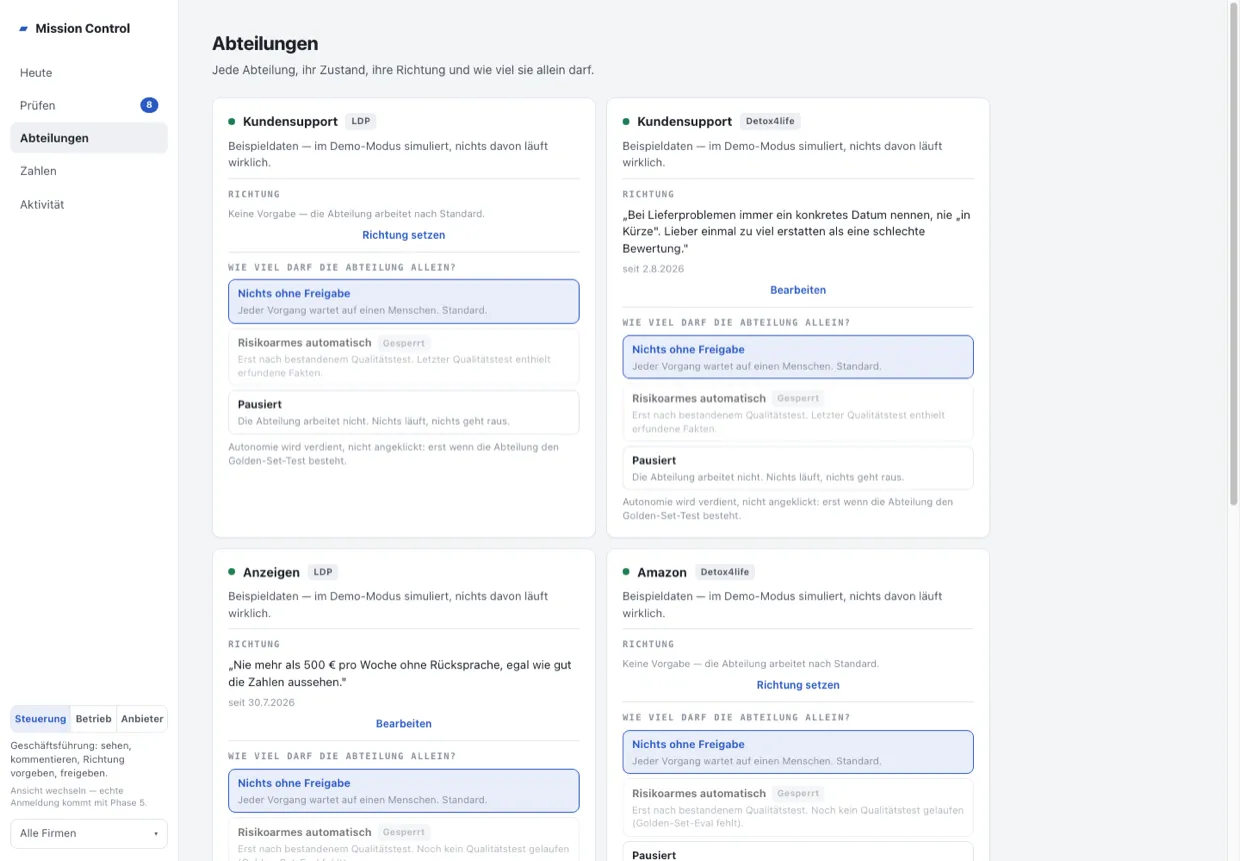 Mission Control, Ansicht Abteilungen: Karten je Abteilung mit Richtungsvorgabe und den Stufen Nichts ohne Freigabe, Risikoarmes automatisch (gesperrt) und Pausiert. Beispieldaten.