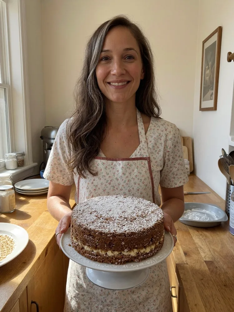 KI-Persona Sophie in einer hellen Küche mit einer Torte auf einer Kuchenplatte.