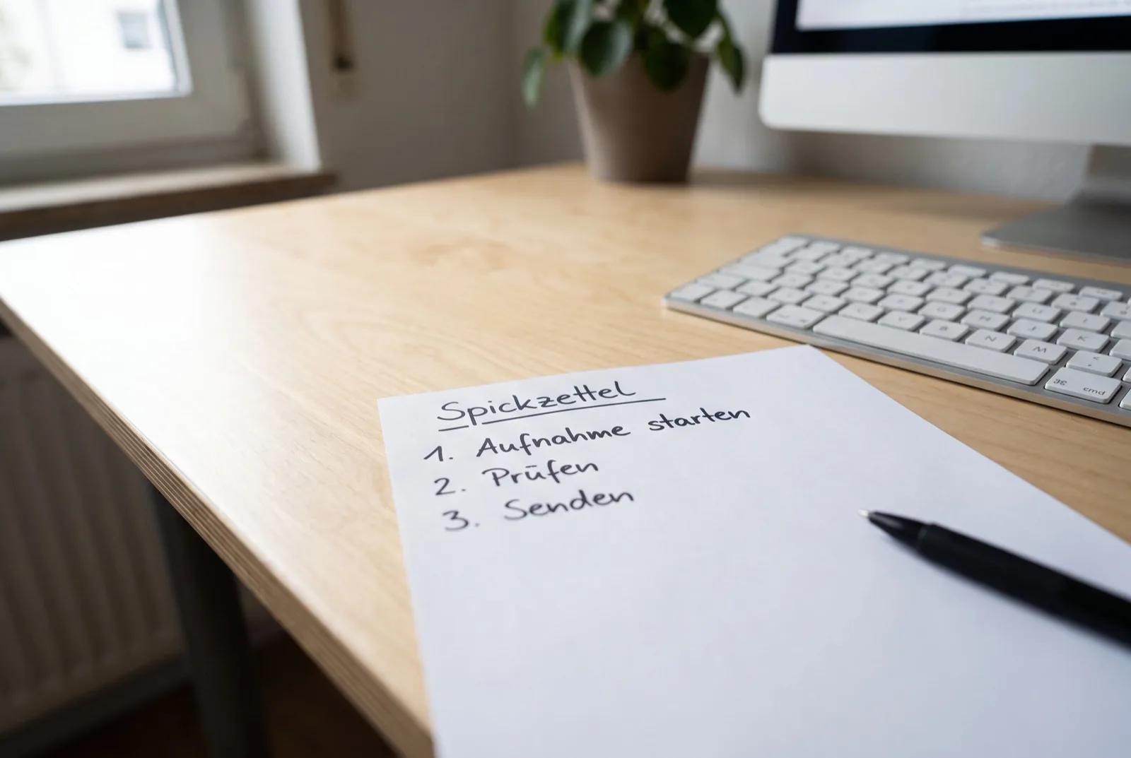 KI-generiertes Foto: handgeschriebener Spickzettel mit den Schritten Aufnahme starten, Prüfen, Senden neben einer Tastatur.