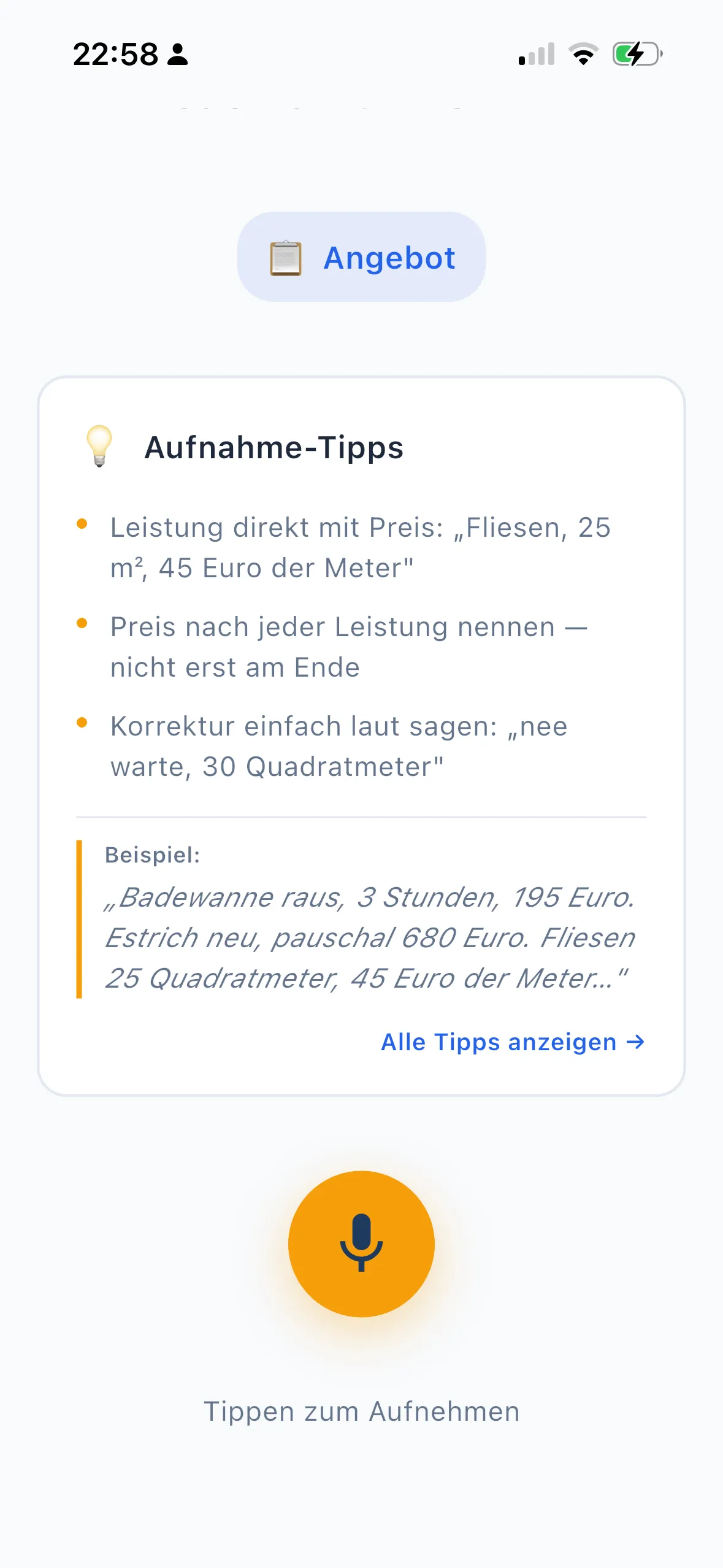 VoiceDok-App, Aufnahmescreen für ein Angebot: Aufnahme-Tipps und großer Mikrofon-Knopf, darunter Tippen zum Aufnehmen.