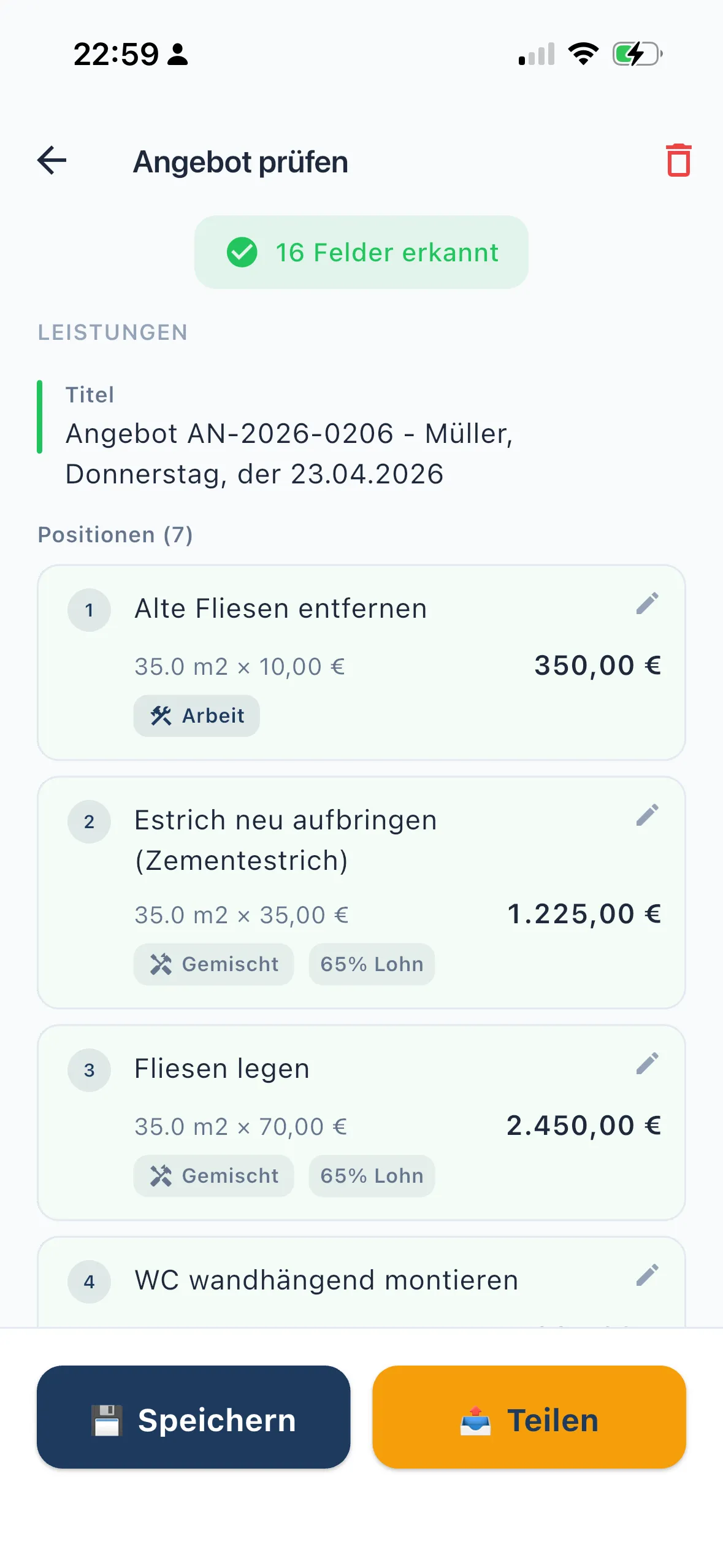 VoiceDok-App, Angebot prüfen: grünes Abzeichen 16 Felder erkannt, Positionen mit Menge, Preis und Summe. Beispieldaten.