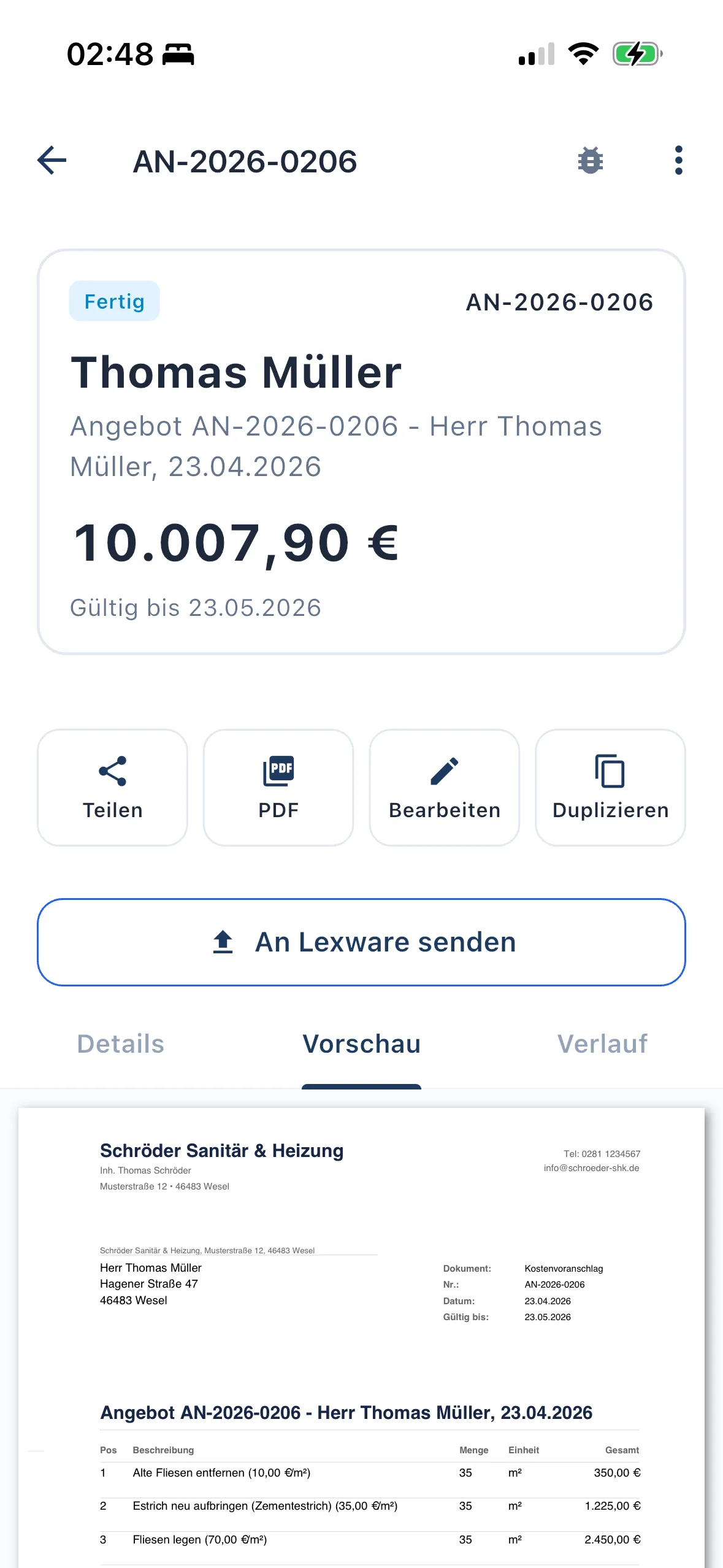 VoiceDok-App, fertiges Angebot über 10.007,90 Euro mit PDF-Vorschau und Knöpfen Teilen, PDF, An Lexware senden. Beispieldaten.